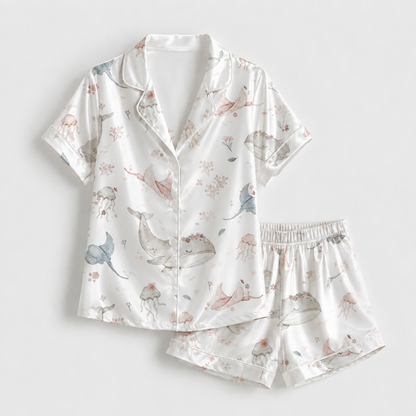 PJ-M030-Cute Pastel Stingray And Whale Floral Pattern White Satin Button Down Lounge Pajama Set