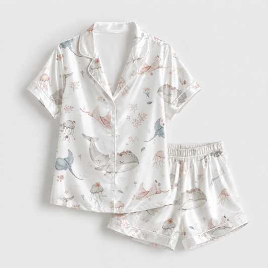 PJ-M030-Cute Pastel Stingray And Whale Floral Pattern White Satin Button Down Lounge Pajama Set