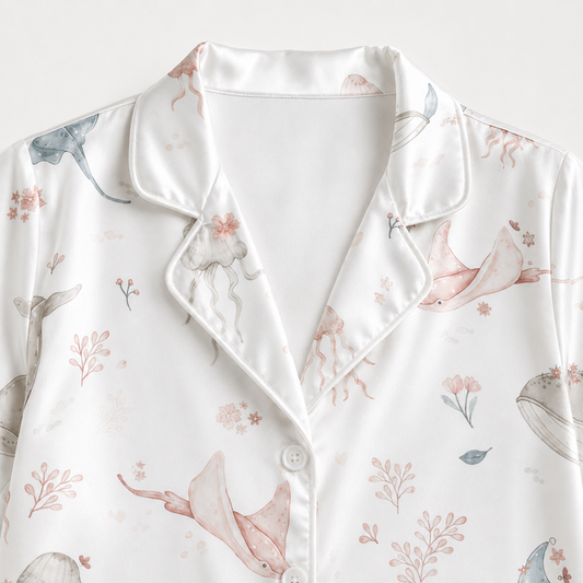 PJ-M030-Cute Pastel Stingray And Whale Floral Pattern White Satin Button Down Lounge Pajama Set