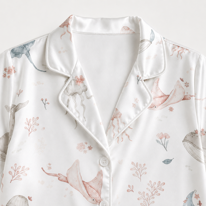 PJ-M030-Cute Pastel Stingray And Whale Floral Pattern White Satin Button Down Lounge Pajama Set