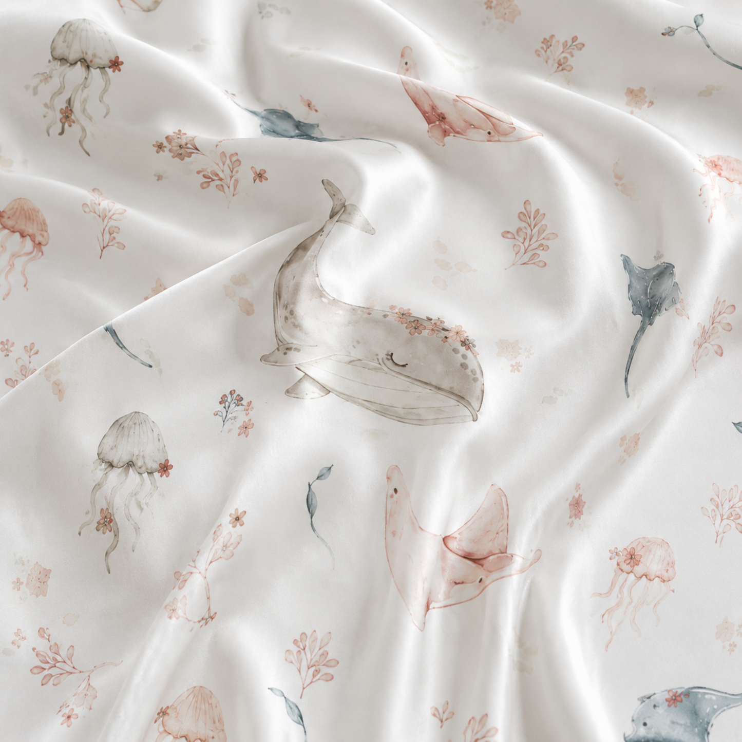 PJ-M030-Cute Pastel Stingray And Whale Floral Pattern White Satin Button Down Lounge Pajama Set