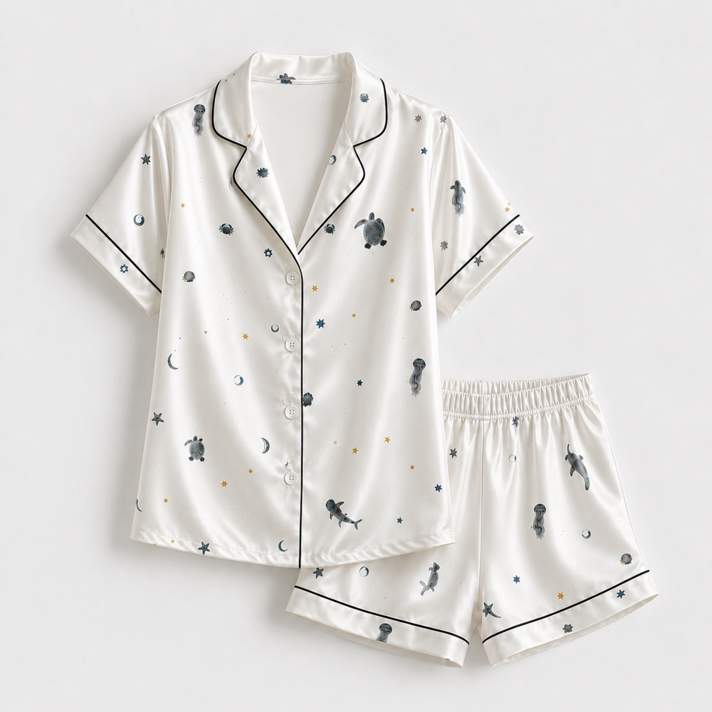 PJ-M031-White Satin Sea Pajama Apparel, Black Piped Turtle Pattern Sleeve Loungewear Sleepwear Collection Clothing