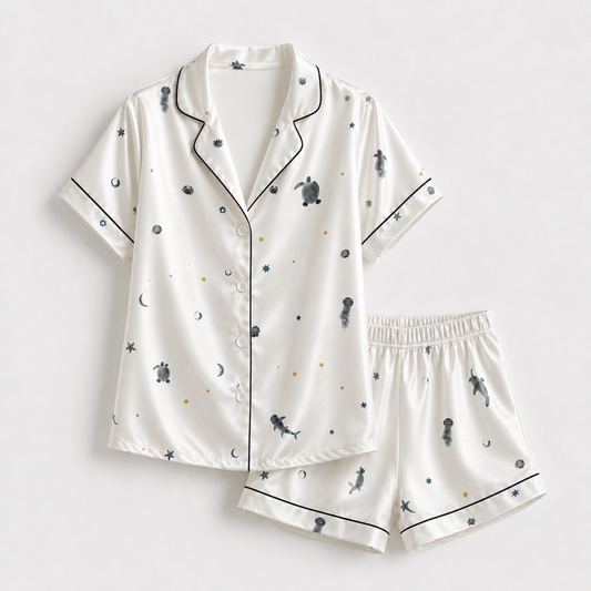 PJ-M031-White Satin Sea Pajama Apparel, Black Piped Turtle Pattern Sleeve Loungewear Sleepwear Collection Clothing