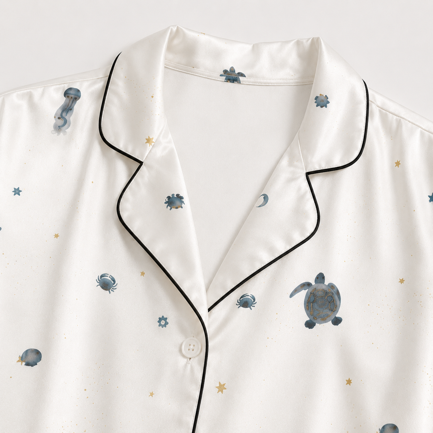 PJ-M031-White Satin Sea Pajama Apparel, Black Piped Turtle Pattern Sleeve Loungewear Sleepwear Collection Clothing