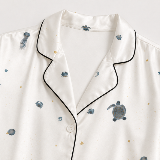 PJ-M031-White Satin Sea Pajama Apparel, Black Piped Turtle Pattern Sleeve Loungewear Sleepwear Collection Clothing