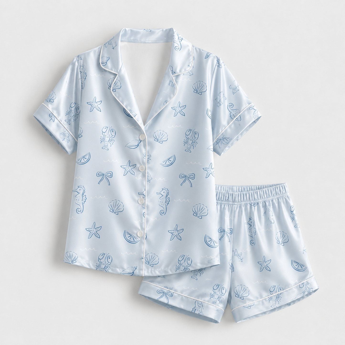PJ-M038-White Satin Seashell Pajama Apparel, Blue Starfish Pattern Sleeve Loungewear Sleepwear Collection Clothing
