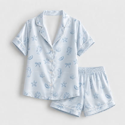 PJ-M038-White Satin Seashell Pajama Apparel, Blue Starfish Pattern Sleeve Loungewear Sleepwear Collection Clothing