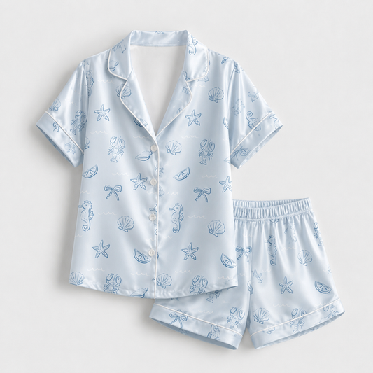PJ-M038-White Satin Seashell Pajama Apparel, Blue Starfish Pattern Sleeve Loungewear Sleepwear Collection Clothing