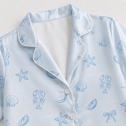 PJ-M038-White Satin Seashell Pajama Apparel, Blue Starfish Pattern Sleeve Loungewear Sleepwear Collection Clothing