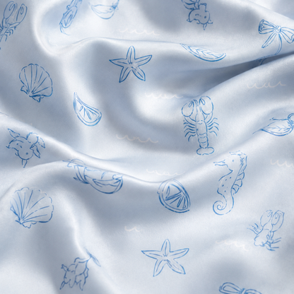 PJ-M038-White Satin Seashell Pajama Apparel, Blue Starfish Pattern Sleeve Loungewear Sleepwear Collection Clothing