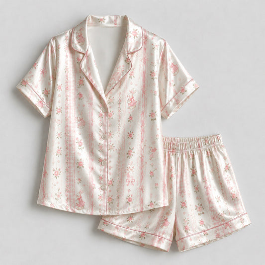 PJ-M040-White Satin Ribbon Pajama Apparel, Pink Floral Pattern Sleeve Loungewear Sleepwear Collection Clothing