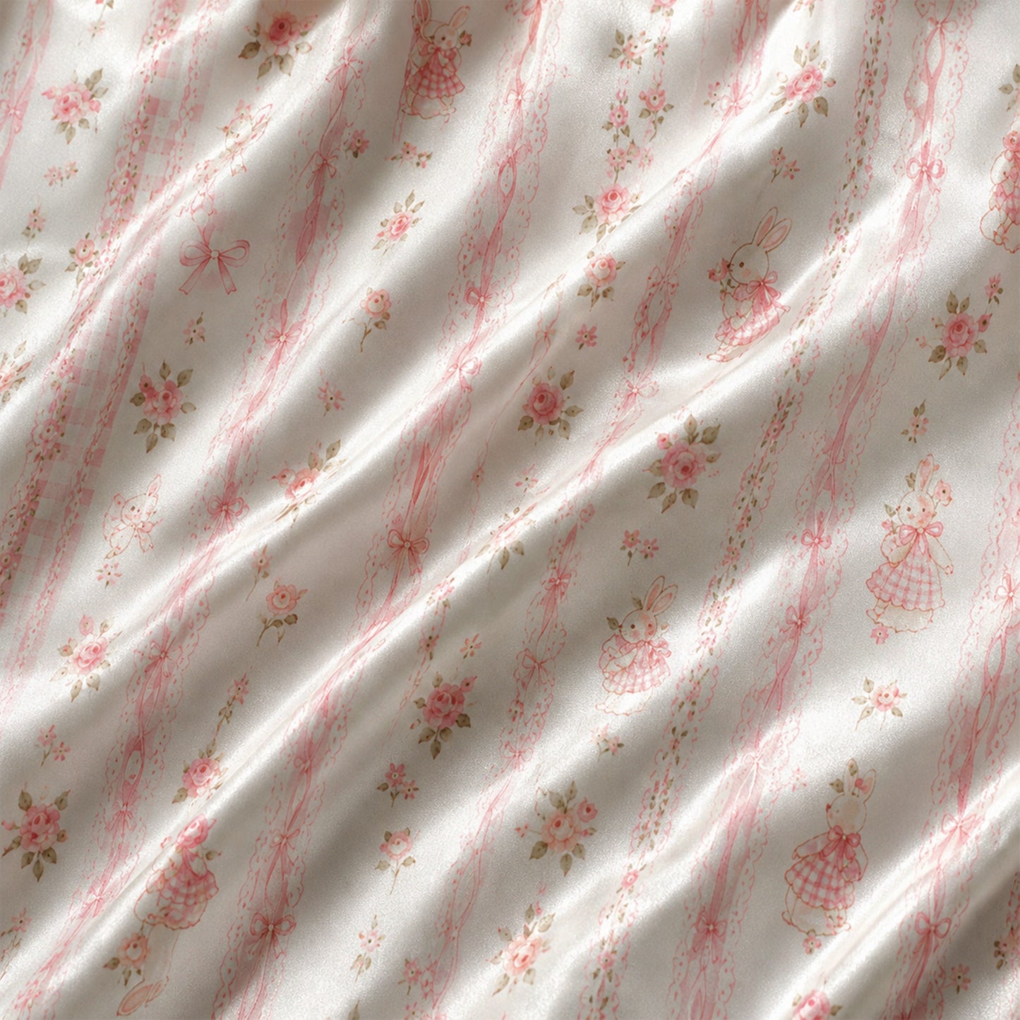 PJ-M040-White Satin Ribbon Pajama Apparel, Pink Floral Pattern Sleeve Loungewear Sleepwear Collection Clothing