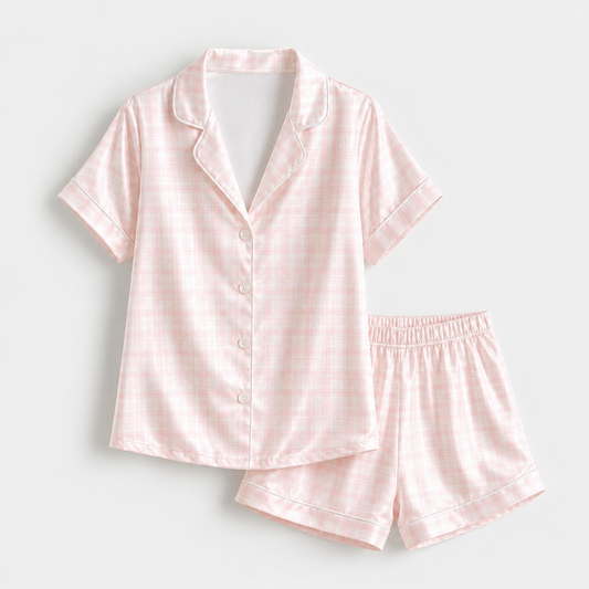 PJ-M041-Classic Pink And White Gingham Plaid Satin Button Down Sleepwear Pajama Lounge Matching Set