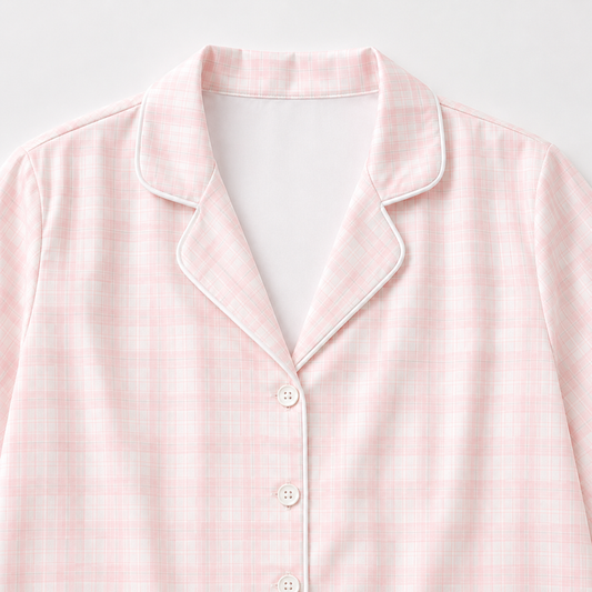 PJ-M041-Classic Pink And White Gingham Plaid Satin Button Down Sleepwear Pajama Lounge Matching Set