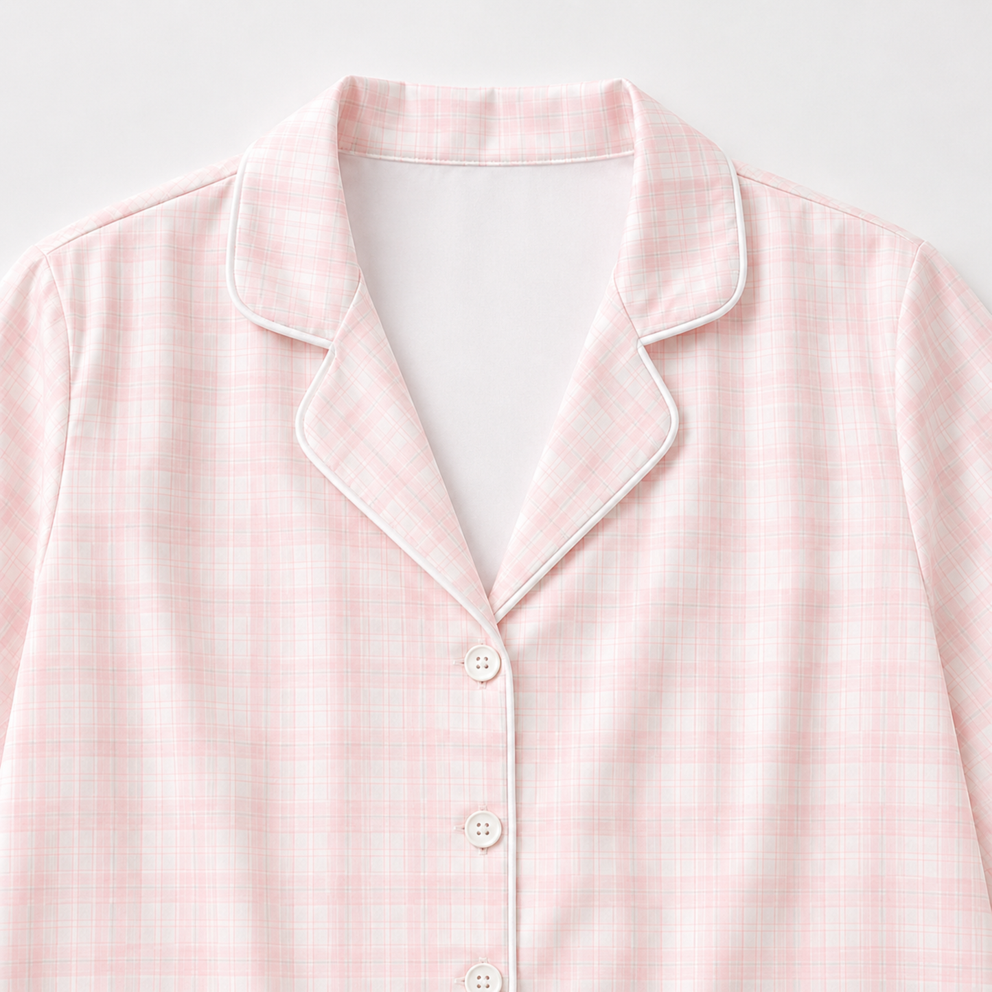 PJ-M041-Classic Pink And White Gingham Plaid Satin Button Down Sleepwear Pajama Lounge Matching Set