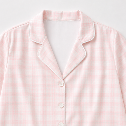 PJ-M041-Classic Pink And White Gingham Plaid Satin Button Down Sleepwear Pajama Lounge Matching Set