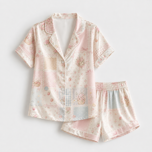 PJ-M042-Pink Satin Patchwork Pajama Apparel, Vintage Floral Pattern Sleeve Loungewear Sleepwear Collection Clothing