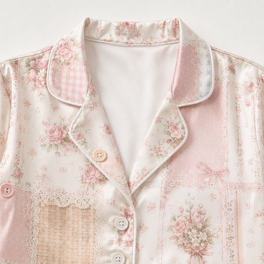 PJ-M042-Pink Satin Patchwork Pajama Apparel, Vintage Floral Pattern Sleeve Loungewear Sleepwear Collection Clothing