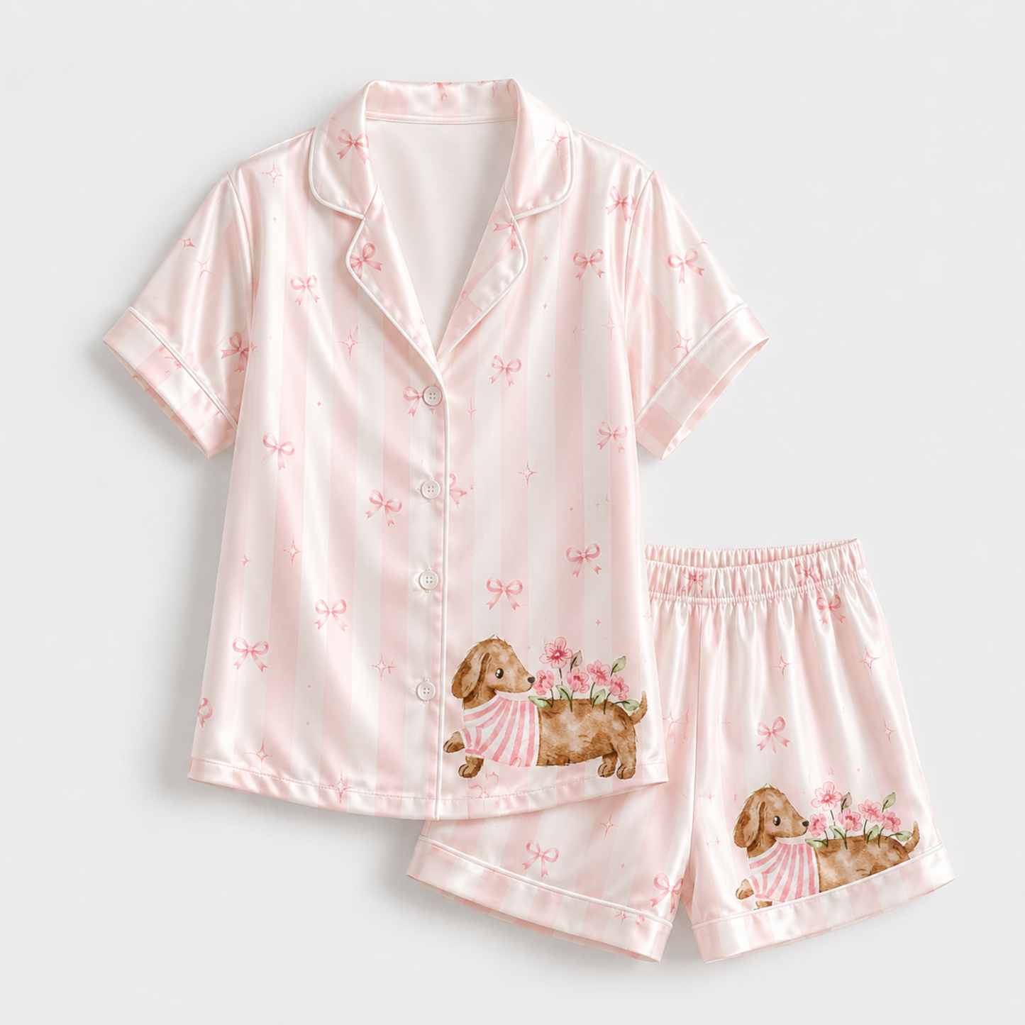 PJ-M043-Blush Silk Dog Pajama Apparel, Crimson Bow Graphic Short Sleeve Loungewear Sleepwear Collection Raiment
