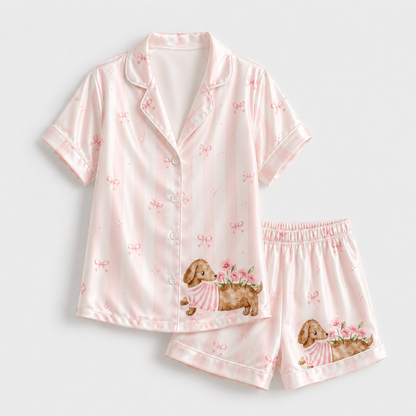 PJ-M043-Blush Silk Dog Pajama Apparel, Crimson Bow Graphic Short Sleeve Loungewear Sleepwear Collection Raiment
