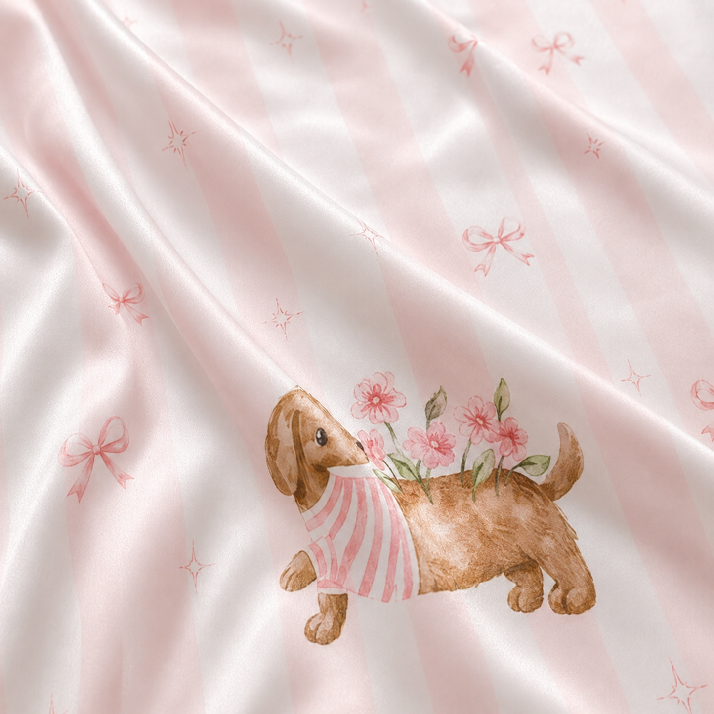 PJ-M043-Blush Silk Dog Pajama Apparel, Crimson Bow Graphic Short Sleeve Loungewear Sleepwear Collection Raiment