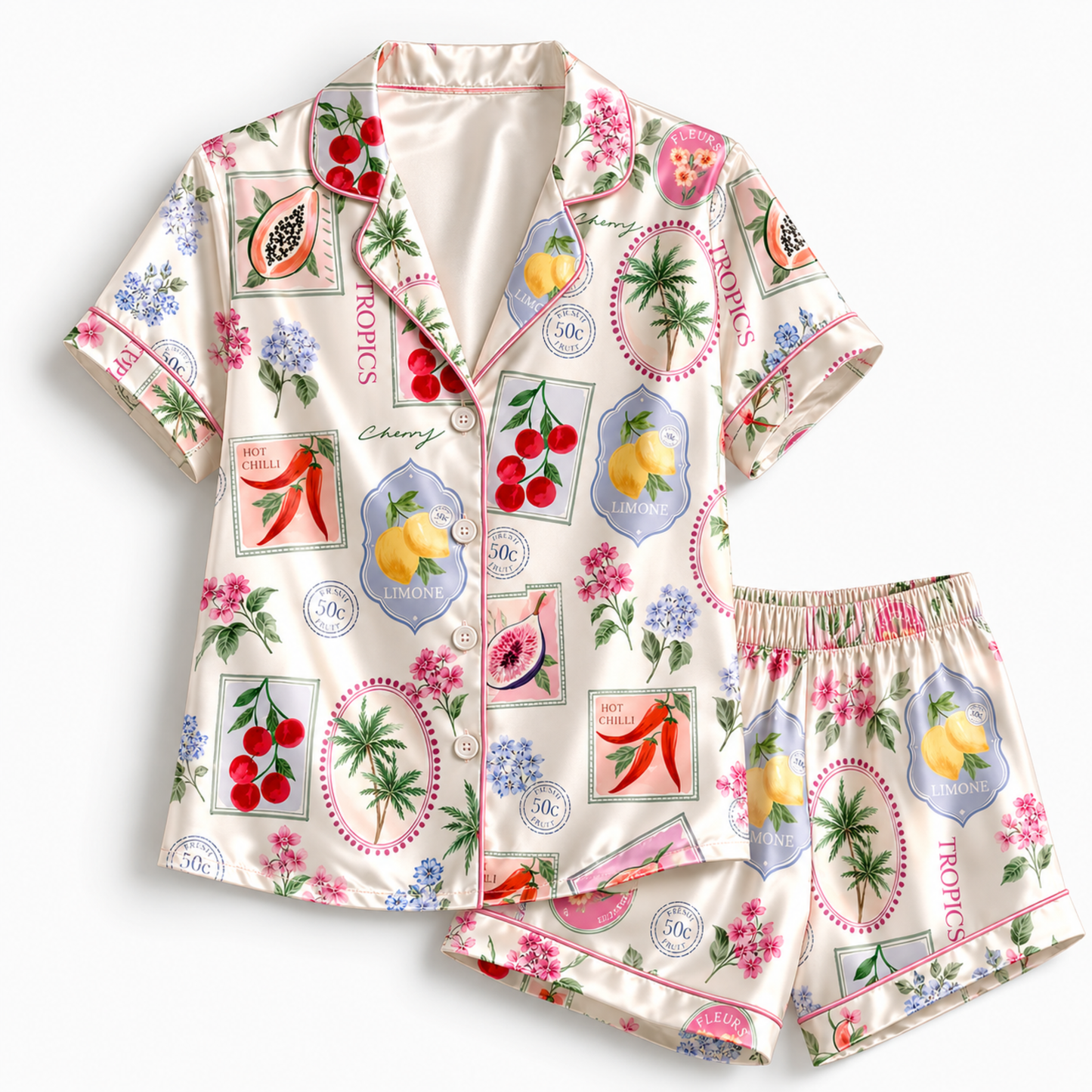 PJ-M044-Cream Satin Tropical Pajama Apparel, Botanical Stamp Pattern Sleeve Loungewear Sleepwear Collection Clothing
