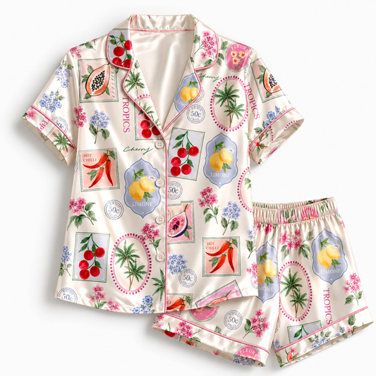 PJ-M044-Cream Satin Tropical Pajama Apparel, Botanical Stamp Pattern Sleeve Loungewear Sleepwear Collection Clothing