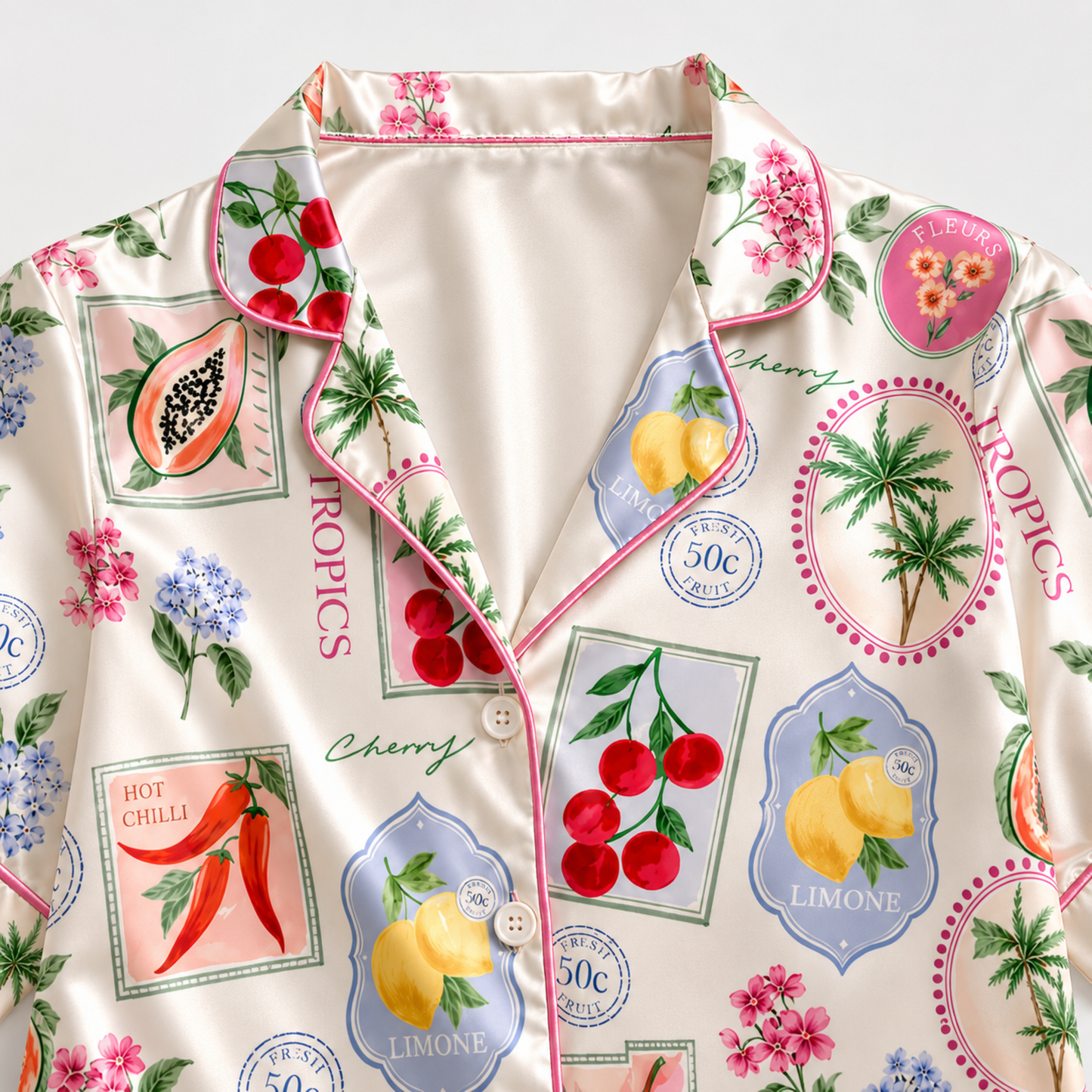 PJ-M044-Cream Satin Tropical Pajama Apparel, Botanical Stamp Pattern Sleeve Loungewear Sleepwear Collection Clothing