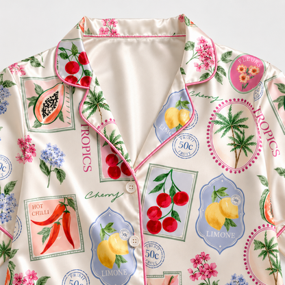 PJ-M044-Cream Satin Tropical Pajama Apparel, Botanical Stamp Pattern Sleeve Loungewear Sleepwear Collection Clothing