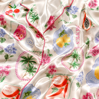 PJ-M044-Cream Satin Tropical Pajama Apparel, Botanical Stamp Pattern Sleeve Loungewear Sleepwear Collection Clothing