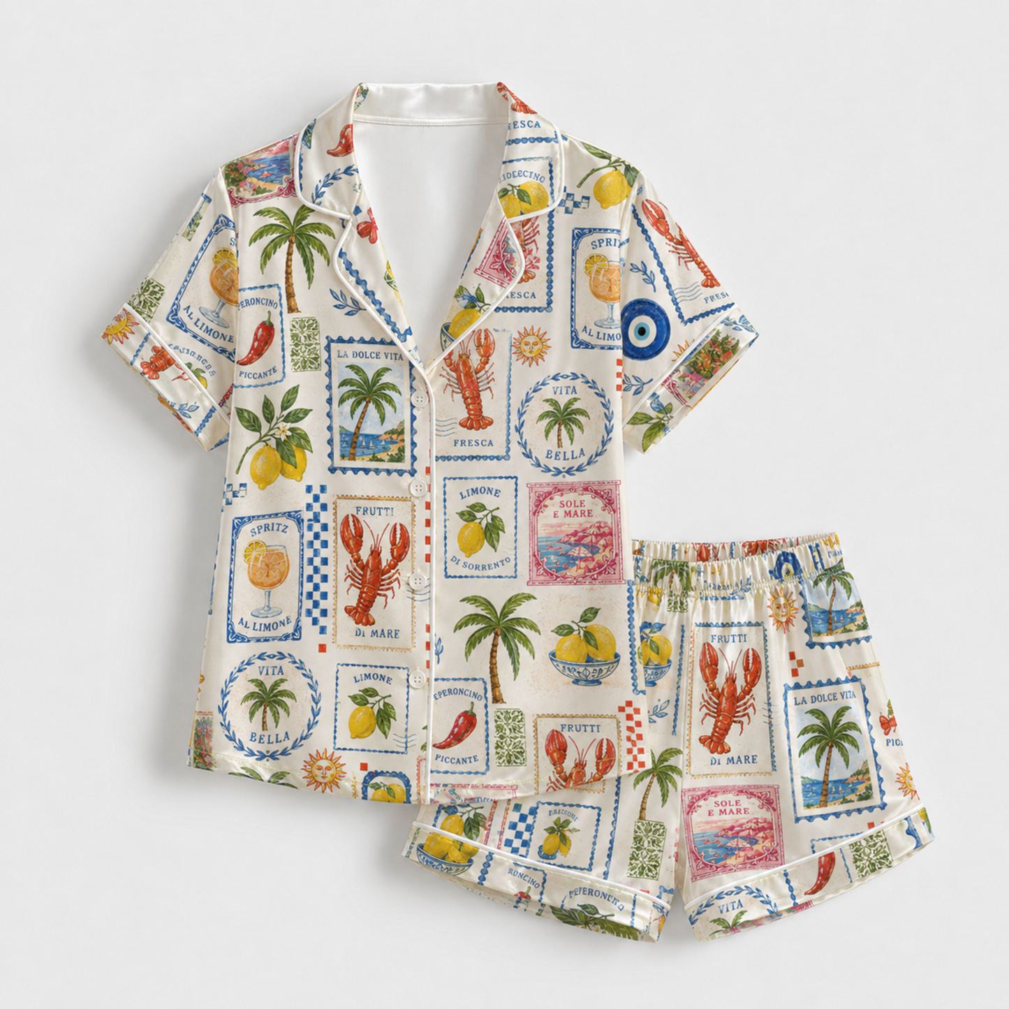 PJ-M045-Alabaster Silk Lemon Pajama Apparel, Crimson Lobster Graphic Short Sleeve Loungewear Sleepwear Collection Raiment