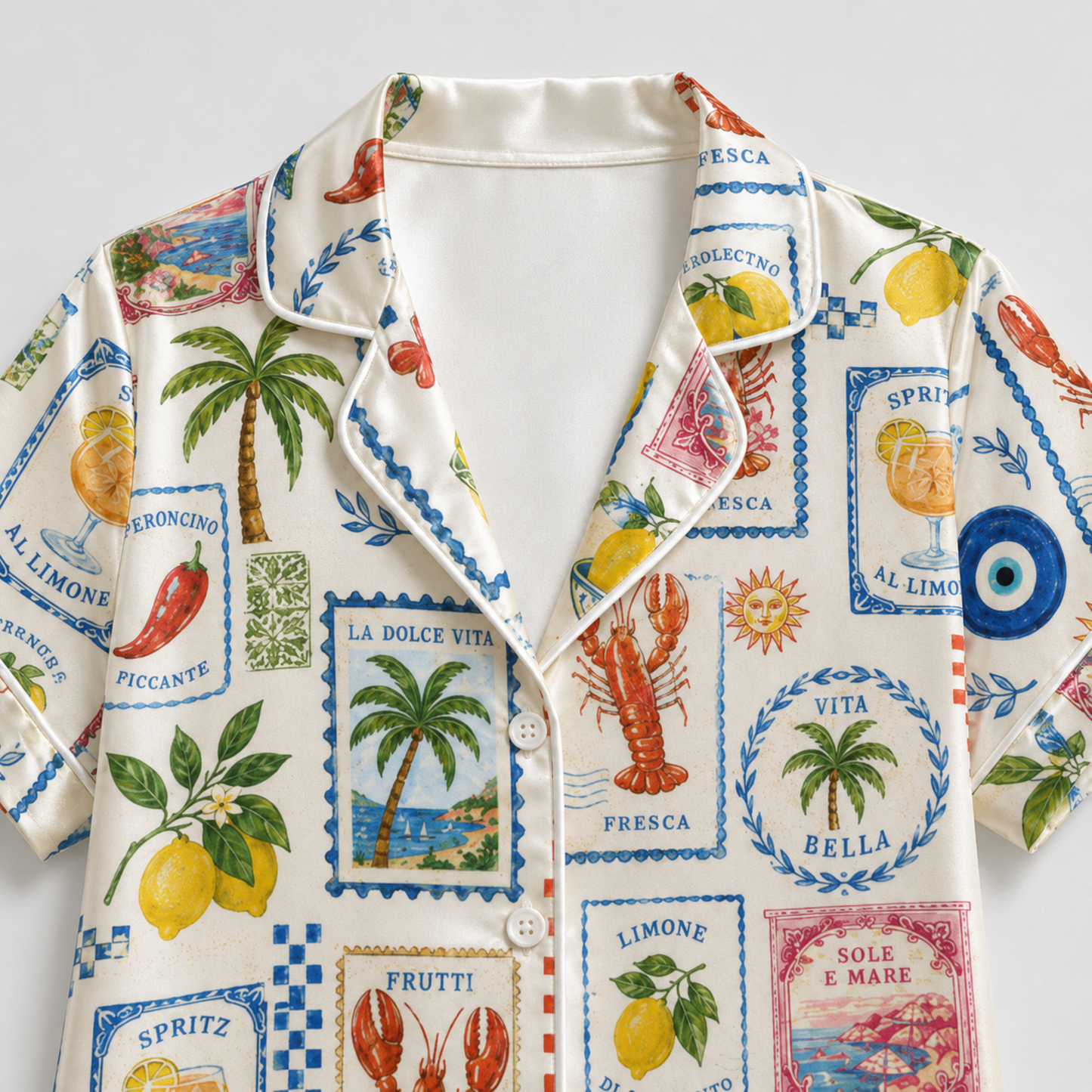 PJ-M045-Alabaster Silk Lemon Pajama Apparel, Crimson Lobster Graphic Short Sleeve Loungewear Sleepwear Collection Raiment