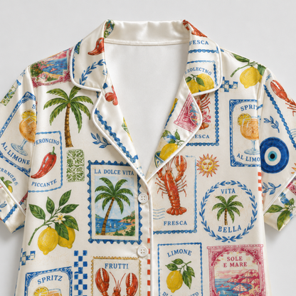 PJ-M045-Alabaster Silk Lemon Pajama Apparel, Crimson Lobster Graphic Short Sleeve Loungewear Sleepwear Collection Raiment