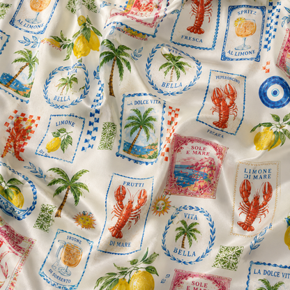 PJ-M045-Alabaster Silk Lemon Pajama Apparel, Crimson Lobster Graphic Short Sleeve Loungewear Sleepwear Collection Raiment