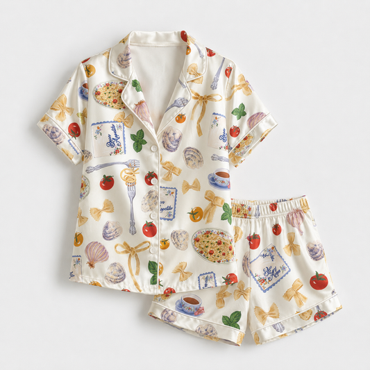PJ-M047- Italian Cuisine Pasta And Tomato Graphic White Satin Button Front Sleepwear Pajama Set