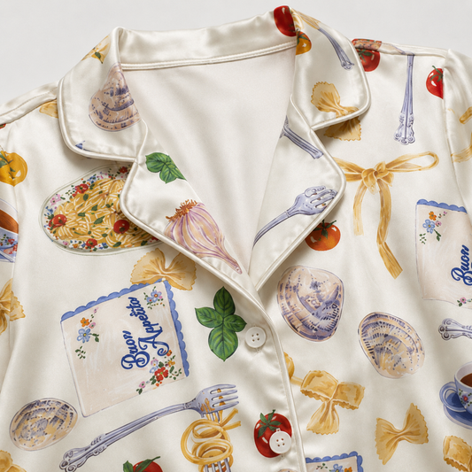 PJ-M047- Italian Cuisine Pasta And Tomato Graphic White Satin Button Front Sleepwear Pajama Set