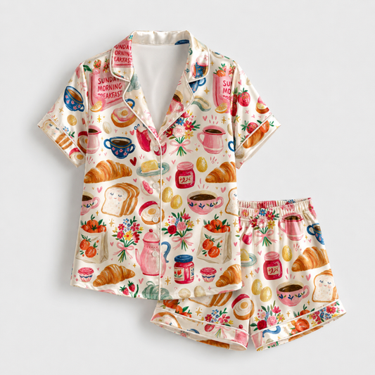 PJ-M048- Cute Sunday Morning Breakfast Croissant Coffee Print Satin Button Down Lounge Pajama Set