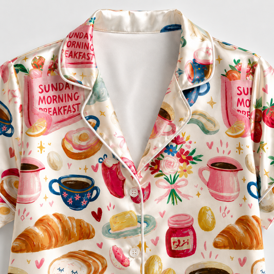PJ-M048- Cute Sunday Morning Breakfast Croissant Coffee Print Satin Button Down Lounge Pajama Set