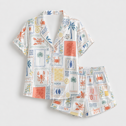 PJ-M049-Coastal Summer Vacation Crab Lobster Palm Tree Print White Satin Button Down Pajama Set