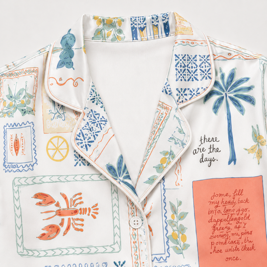 PJ-M049-Coastal Summer Vacation Crab Lobster Palm Tree Print White Satin Button Down Pajama Set
