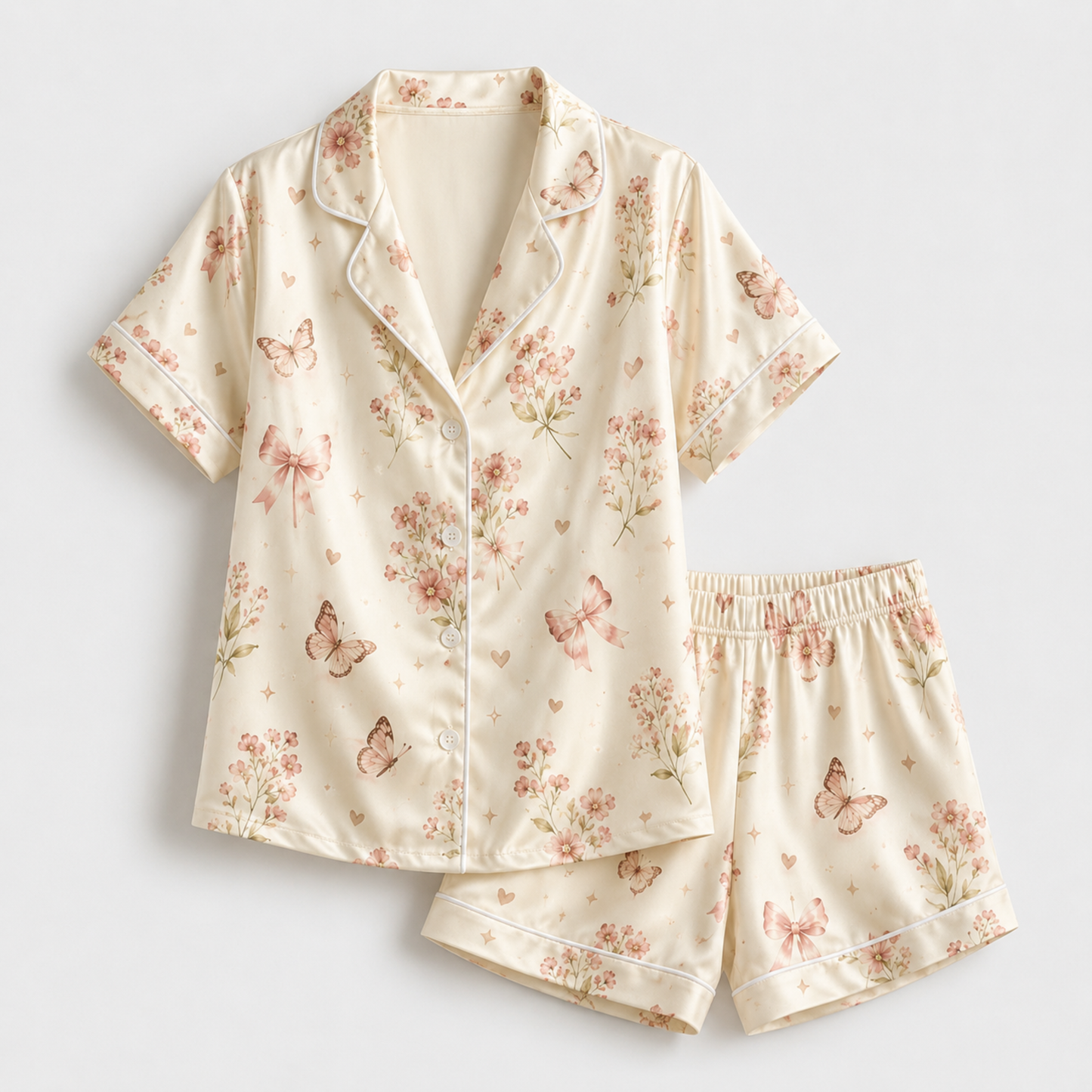 PJ-M050-Romantic Coquette Pink Ribbon Butterfly Botanical Pattern Champagne Satin Pajama Set