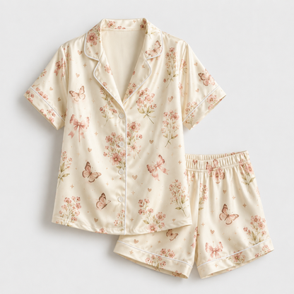 PJ-M050-Romantic Coquette Pink Ribbon Butterfly Botanical Pattern Champagne Satin Pajama Set