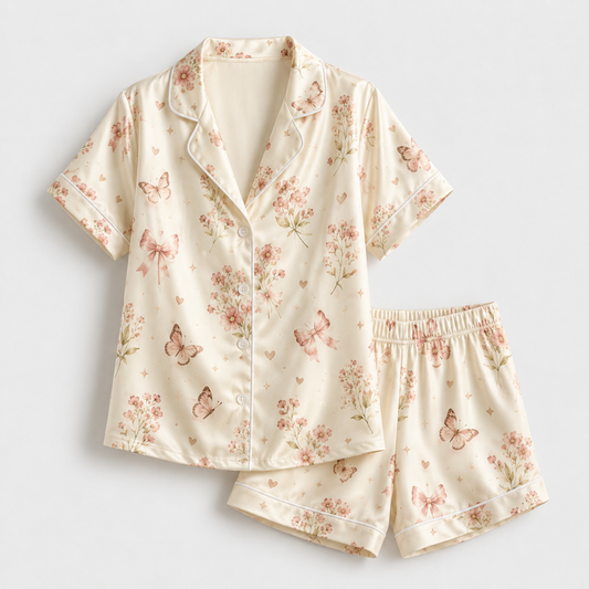 PJ-M050-Romantic Coquette Pink Ribbon Butterfly Botanical Pattern Champagne Satin Pajama Set