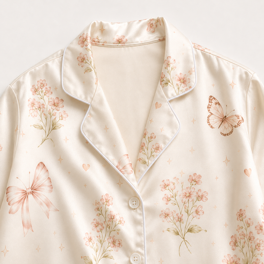 PJ-M050-Romantic Coquette Pink Ribbon Butterfly Botanical Pattern Champagne Satin Pajama Set