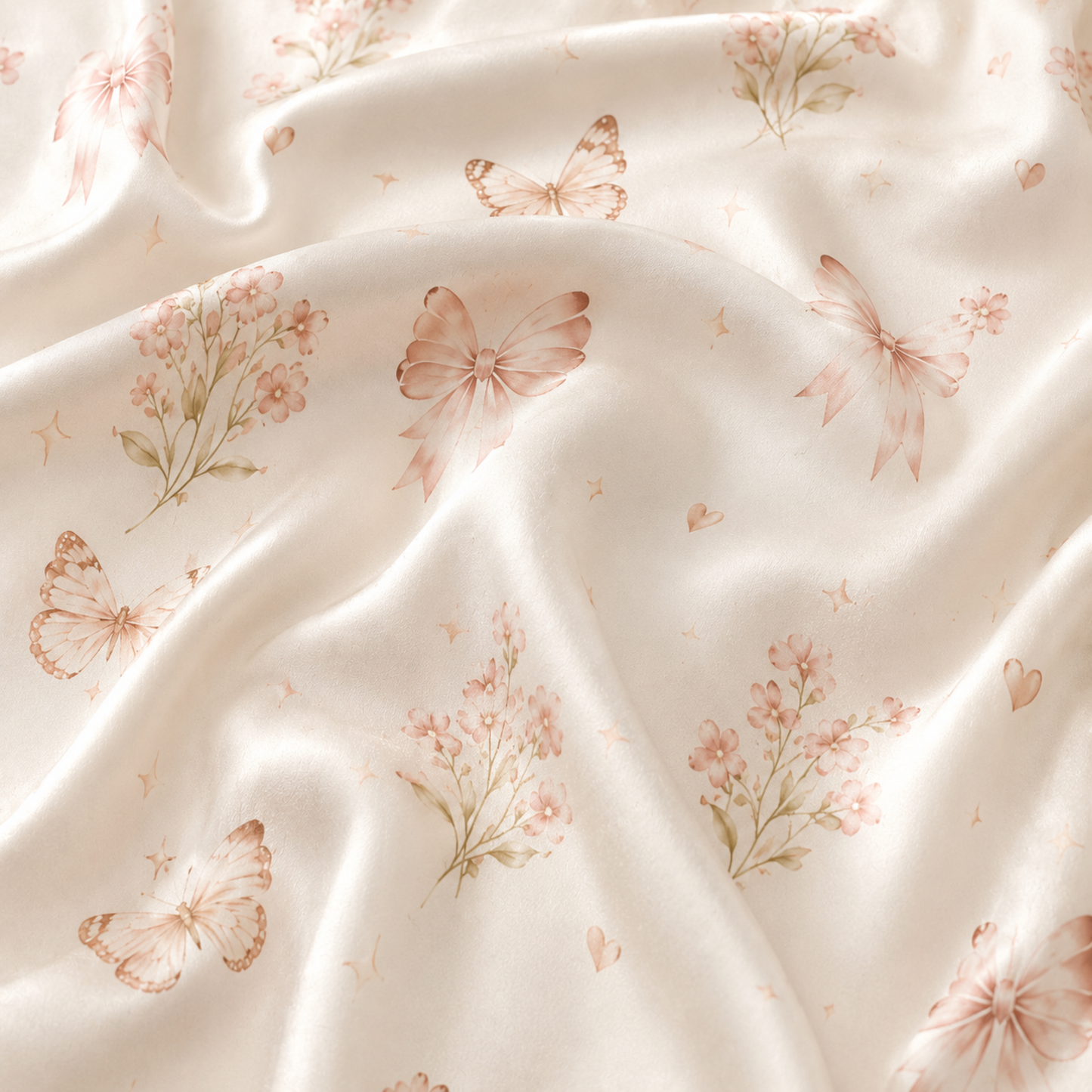 PJ-M050-Romantic Coquette Pink Ribbon Butterfly Botanical Pattern Champagne Satin Pajama Set