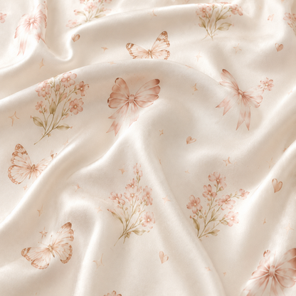 PJ-M050-Romantic Coquette Pink Ribbon Butterfly Botanical Pattern Champagne Satin Pajama Set