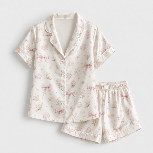 PJ-M051-Pink Ribbon Bow Satin Pajama Set with Coral Starfish Coastal Pattern for Cozy Sleepwear
