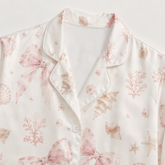 PJ-M051-Pink Ribbon Bow Satin Pajama Set with Coral Starfish Coastal Pattern for Cozy Sleepwear