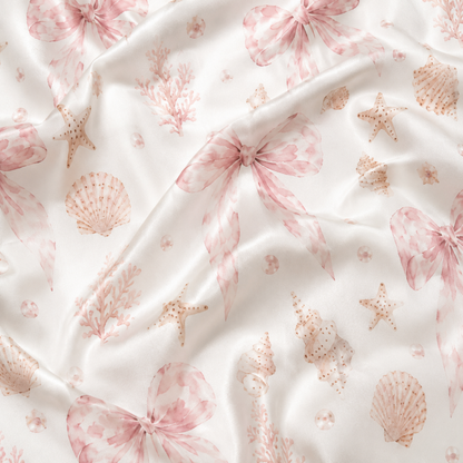 PJ-M051-Pink Ribbon Bow Satin Pajama Set with Coral Starfish Coastal Pattern for Cozy Sleepwear