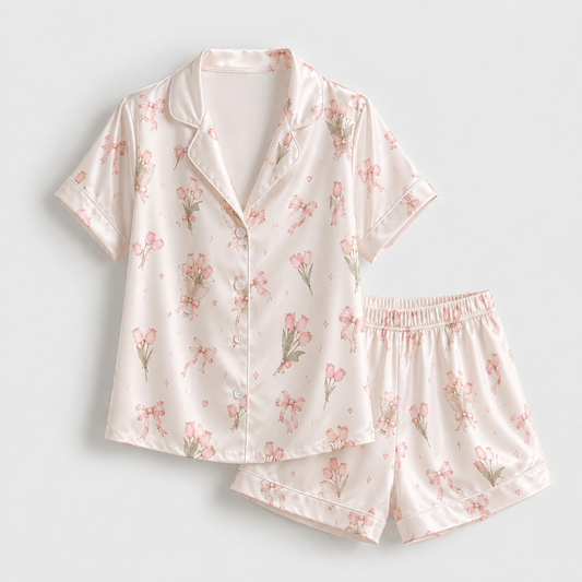 PJ-M052-Pink Tulip Satin Pajama Set with Floral Bow Pattern for Cozy Feminine Sleepwear